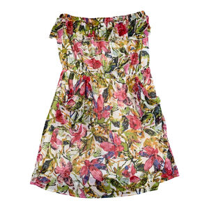 Floral Print Strapless Dress, Size 2X, Pink and Green Watercolor Pattern, 35 inc